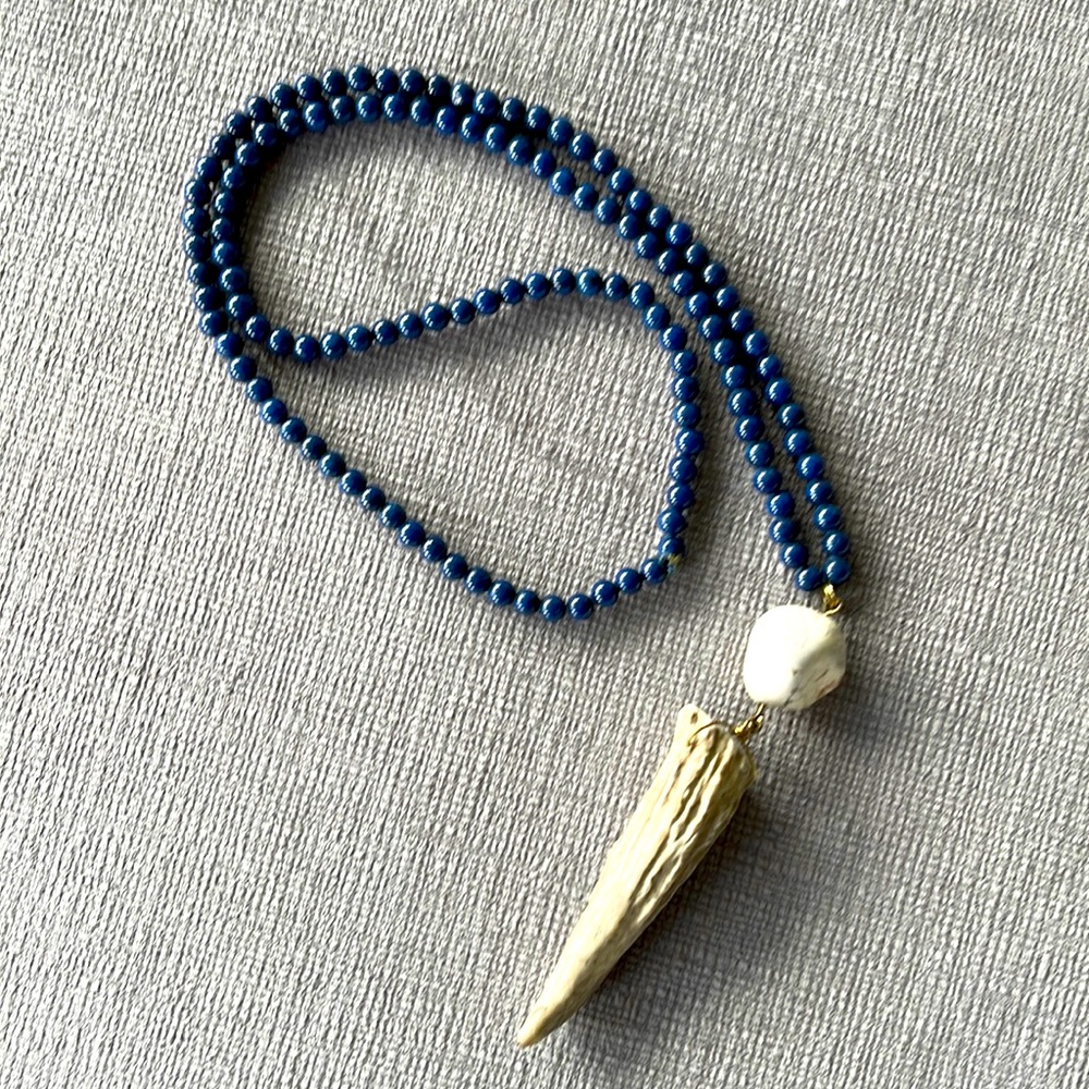 Handmade Necklace. Navy w faux Bone pendant